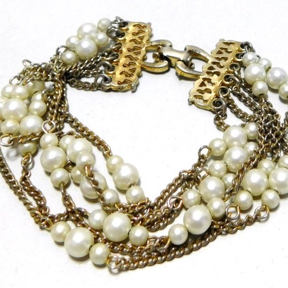 Beaded Faux Pearl 6 Strand Bracelet 7 5/8" Long - Picture 3 of 7